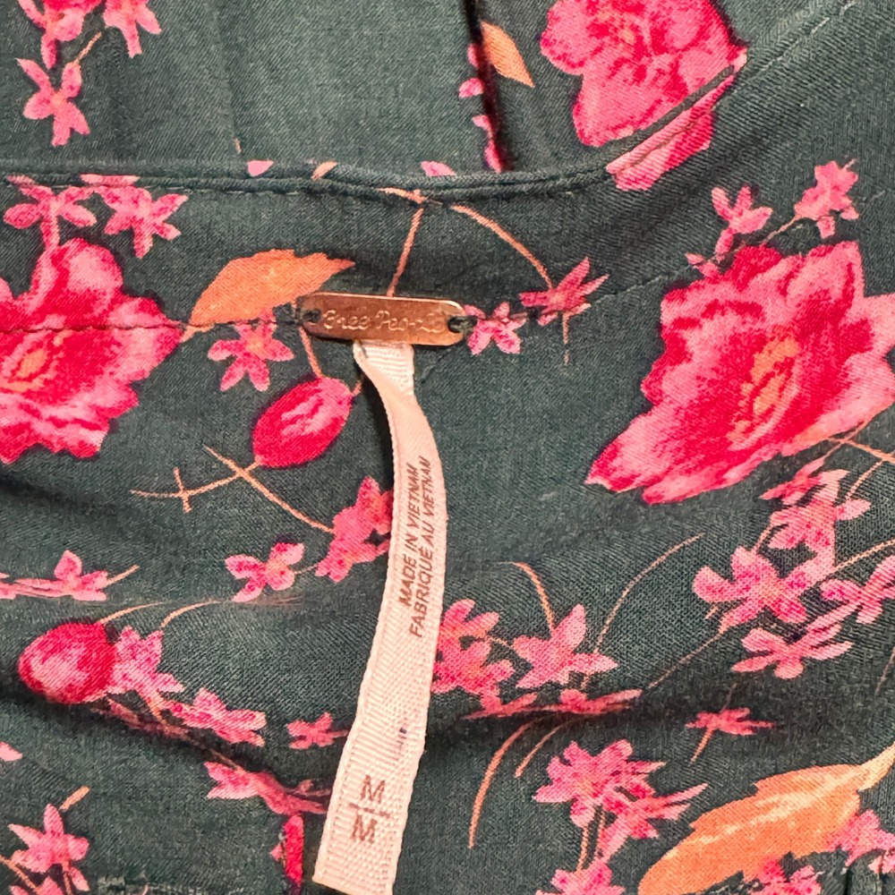 Free People Flower Fields Mini Dress Drawstring Waist Teal Pink Medium M - Picture 5 of 10
